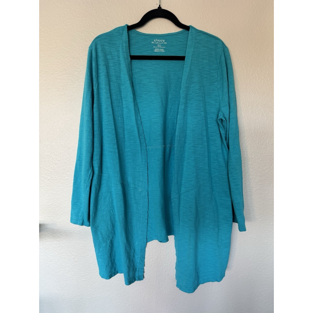 Chico’s Open Front Cardigan with Pockets Teal Lightweight Knit Layering Size 2